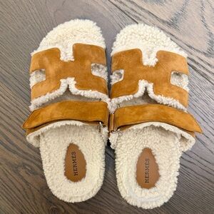 Hermes Tan Suede Shearling Slide Mules